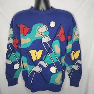 Vintage Mens Links Collection Golf Course Putter Club Ball Cotton Blue Sweater M